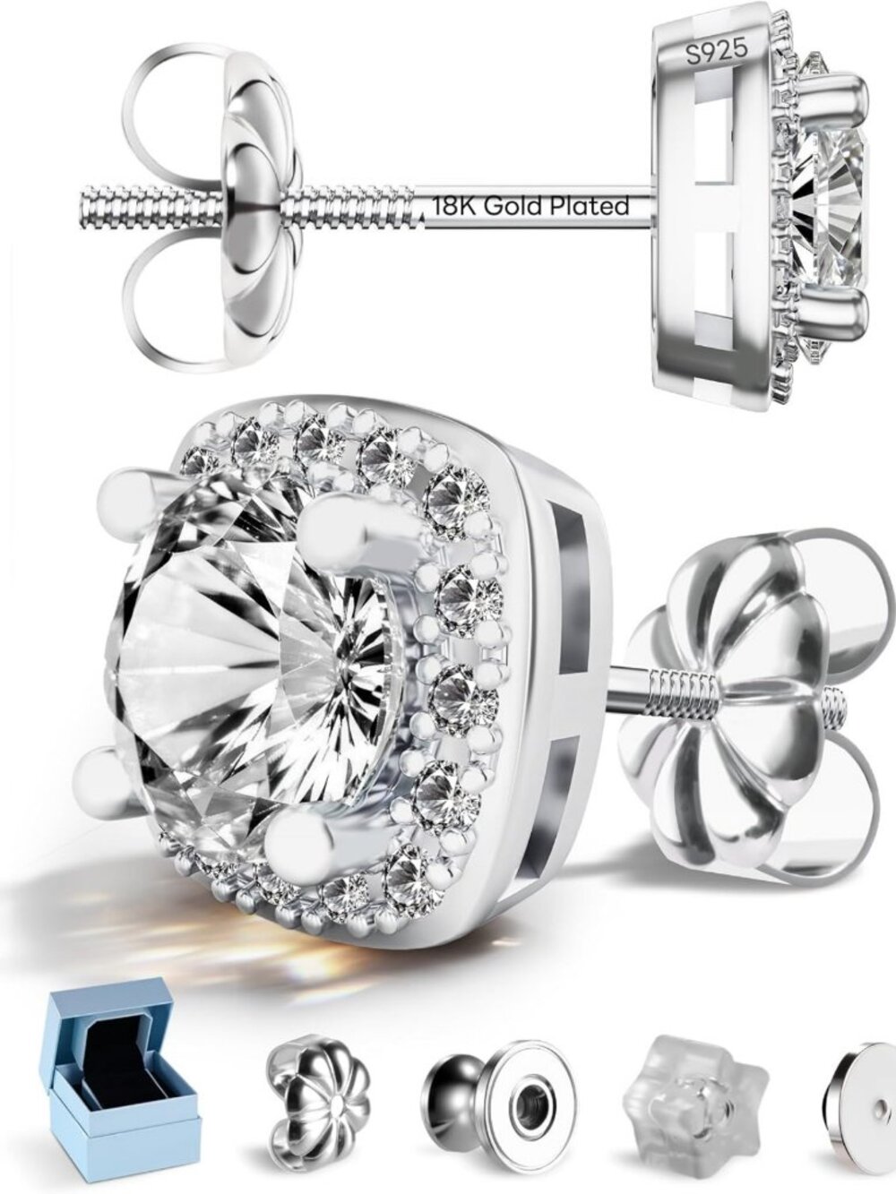 Men's 925 Sterling Silver Moissanite Halo Square Stud Earrings - Screw Back